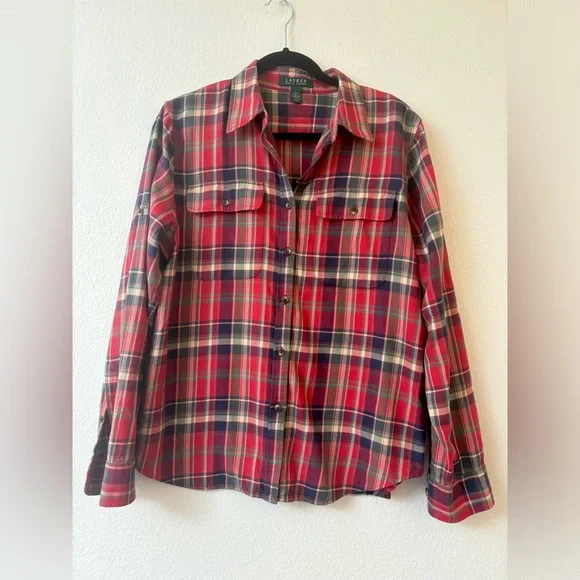 Lauren Ralph Lauren plaid flannel large L heritage button up red green LRL - Picture 1 of 13